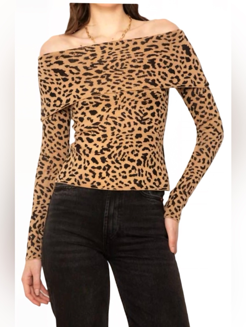 Central Park West Leopard Off-Shoulder Sweater Tan Black Large NWT
